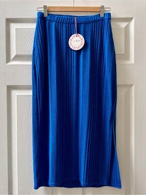[NWT] Umgee Royal Blue Ribbed Knit Midi Skirt, Side Slit, Textured, Casual, Sz M
